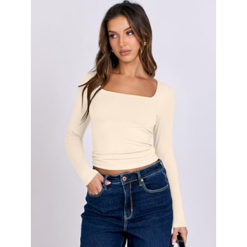 ANRABESS Long Sleeve Crop Top - Stylish Apricot Tee