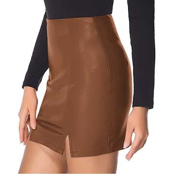 MANGOPOP Women's Basic High Waist Faux Leather Bodycon Mini Pencil Skirt Brown