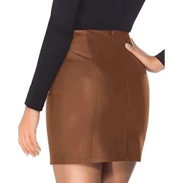 MANGOPOP Women's Basic High Waist Faux Leather Bodycon Mini Pencil Skirt Brown