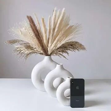 Eastern Rock White Ceramic Vases for Pampas Grass,Water Drop Design Doughnut vase Modern Home Decor Minimalist Nordic Boho Ins Style (White Mini)