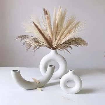 Eastern Rock White Ceramic Vases for Pampas Grass,Water Drop Design Doughnut vase Modern Home Decor Minimalist Nordic Boho Ins Style (White Mini)
