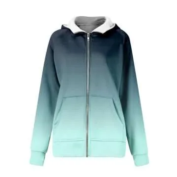 ZEKPEGAN Zip Up Hoodie Women Full Zipper Long Sleeve Drawstring Fall Oversized Casual Loose Fit Y2K Gradient Color Floral Print Thumb Hole Hooded Sweatshirts Jacket With Pockets(A-Light Blue,S)