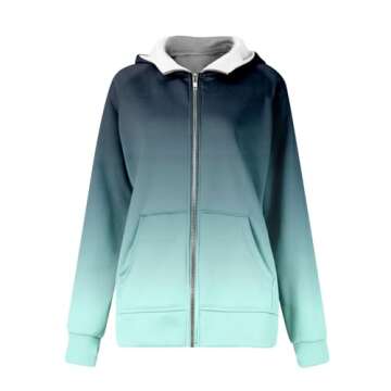 ZEKPEGAN Zip Up Hoodie Women Full Zipper Long Sleeve Drawstring Fall Oversized Casual Loose Fit Y2K Gradient Color Floral Print Thumb Hole Hooded Sweatshirts Jacket With Pockets(A-Light Blue,S)