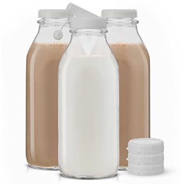 JoyJolt Glass Milk Bottles with Lids and Pourer – 32 Oz, 3 Pack Airtight Heavy Duty Reusable Glass...