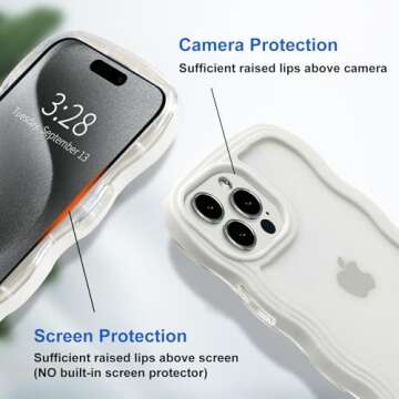 Anuck for iPhone 15 Pro Case Wavy Edge Clear Back Design, Anti-Slip Grip Cute Wave Curly Frame Shape Shockproof Soft TPU & Hard Bumper Protective Phone Case Cover for Women Girls, White