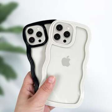 Anuck for iPhone 15 Pro Case Wavy Edge Clear Back Design, Anti-Slip Grip Cute Wave Curly Frame Shape Shockproof Soft TPU & Hard Bumper Protective Phone Case Cover for Women Girls, White