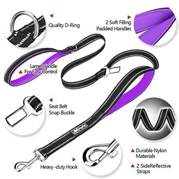PoyPet 5 Feet Dog Leash: Dual Handles & Car Safety Buckle - Reflective for Night Walks