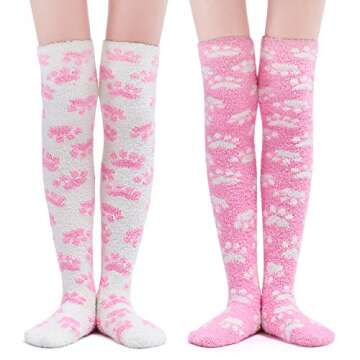 Littleforbig Cute Coral Fleece Thigh High Long Paws Pattern Socks 2 Pairs - Pink