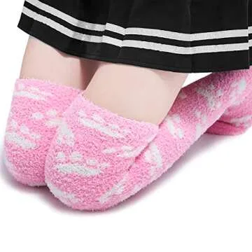 Littleforbig Cute Coral Fleece Thigh High Long Paws Pattern Socks 2 Pairs - Pink