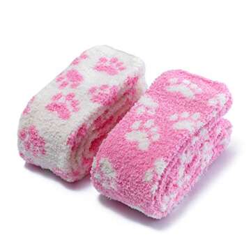 Littleforbig Cute Coral Fleece Thigh High Long Paws Pattern Socks 2 Pairs - Pink