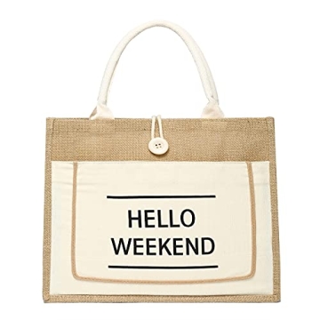 JOLLQUE Jute Beach Tote for Women, Reusable Grocery Shopping Bag with Handle.