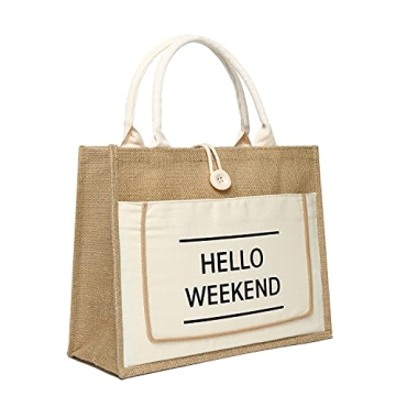 JOLLQUE Jute Beach Tote for Women, Reusable Grocery Shopping Bag with Handle.