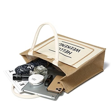 JOLLQUE Jute Beach Tote for Women, Reusable Grocery Shopping Bag with Handle.