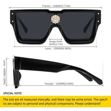 LIXX Trendy Square Diamond Sunglasses Women Men Retro Chunky Rectangle Flat Top Black Shades Glasses