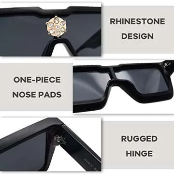 LIXX Trendy Square Diamond Sunglasses Women Men Retro Chunky Rectangle Flat Top Black Shades Glasses