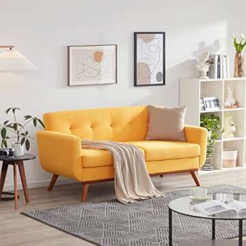 Kingfun 65" W Love Seat Sofa, Mid Century Modern Decor Loveseat Furniture for Living Room, Button Tufted Upholstered Small Couch for Bedroom, Solid and Easy to Install Loveseats Couches, Yellow