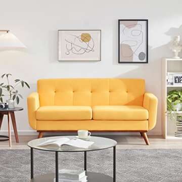 Kingfun 65" W Love Seat Sofa, Mid Century Modern Decor Loveseat Furniture for Living Room, Button Tufted Upholstered Small Couch for Bedroom, Solid and Easy to Install Loveseats Couches, Yellow