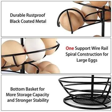 QUTREY Black Metal Egg Skelter with Storage Basket, Spiral Design Egg Holder for Large Egg for Countertop, Kitchen