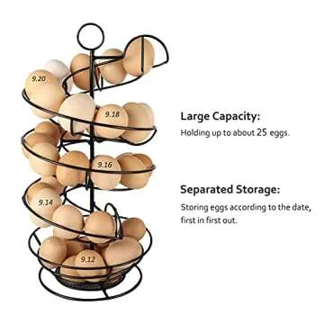QUTREY Black Metal Egg Skelter with Storage Basket, Spiral Design Egg Holder for Large Egg for Countertop, Kitchen