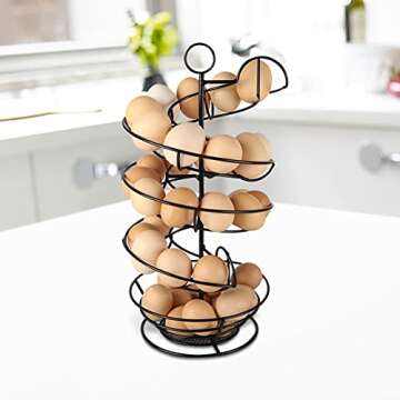 QUTREY Black Metal Egg Skelter with Storage Basket, Spiral Design Egg Holder for Large Egg for Countertop, Kitchen