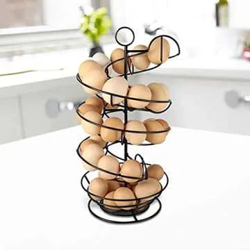 QUTREY Black Metal Egg Skelter with Storage Basket, Spiral Design Egg Holder for Large Egg for Countertop, Kitchen