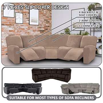 ULTICOR 7-Piece L Shape Sectional Recliner Sofa Covers, Velvet Stretch Reclining Couch Covers, Thick...