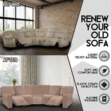 ULTICOR 7-Piece L Shape Sectional Recliner Sofa Covers, Velvet Stretch Reclining Couch Covers, Thick, Soft, Washable (Taupe, 5 Seat Recliner Cover)