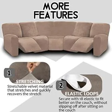ULTICOR 7-Piece L Shape Sectional Recliner Sofa Covers, Velvet Stretch Reclining Couch Covers, Thick, Soft, Washable (Taupe, 5 Seat Recliner Cover)