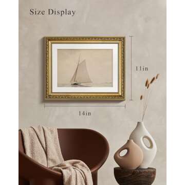 VIYYIEA Gold Framed Wall Art Canvas Print Home Decor for Living Room White Sailboat Seascape Watercolor Vintage Beach Painting on Canvas - Coastal Wall Art Prints for Bedroom Office Bathroom 11x14in