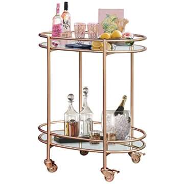 Ohsuaniy Gold Bar Cart, Oval Metal Mirror Home Bar Serving Cart, 2-Tier Outdoor Rolling Wine Cart with 4 Gold Metal Wheels with Brake, Mirror Modern Drink Cart Small Beverage Trolley, Rose Gold