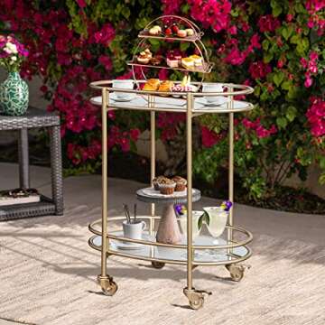 Ohsuaniy Gold Bar Cart, Oval Metal Mirror Home Bar Serving Cart, 2-Tier Outdoor Rolling Wine Cart with 4 Gold Metal Wheels with Brake, Mirror Modern Drink Cart Small Beverage Trolley, Rose Gold