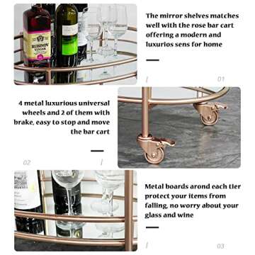 Ohsuaniy Gold Bar Cart, Oval Metal Mirror Home Bar Serving Cart, 2-Tier Outdoor Rolling Wine Cart with 4 Gold Metal Wheels with Brake, Mirror Modern Drink Cart Small Beverage Trolley, Rose Gold