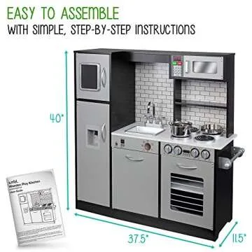 Lil' Jumbl Kids Kitchen Set, Pretend Wooden Play Kitchen, Battery Operated Icemaker & Microwave with Realistic Sound, Pots & Pan Included - Charcoal