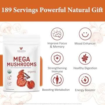 VELOTO Organic Mega Mushroom Powder 10-in-1 Blend 10oz