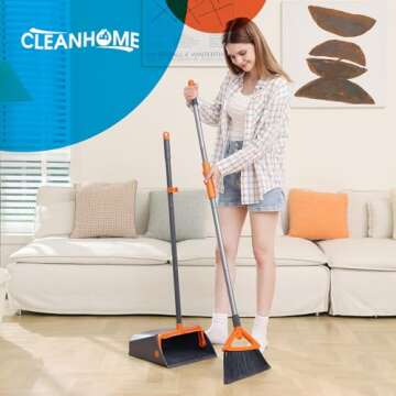 CLEANHOME Broom & Dustpan Set: Heavy Duty, Long Handle Cleaning Tool