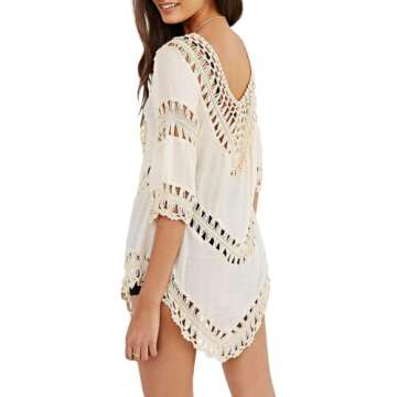 Vanbuy Women’s Bohemian Crochet Shirt Tunic Top - Versatile Beach Coverup Z01-91-Orange Beige