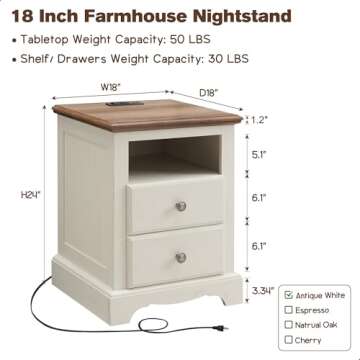 T4TREAM Nightstand with Charging Station, 18 Inch Vintage End Table with 2 Drawers, Wood Rustic Sofa...