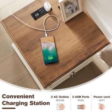 T4TREAM Nightstand with Charging Station, 18 Inch Vintage End Table with 2 Drawers, Wood Rustic Sofa Side Table with Open Storage Shelf for Bedroom, Living Room