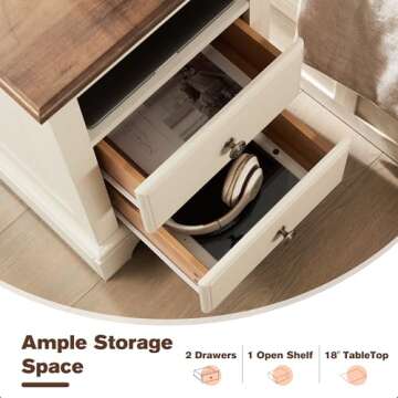 T4TREAM Nightstand with Charging Station, 18 Inch Vintage End Table with 2 Drawers, Wood Rustic Sofa Side Table with Open Storage Shelf for Bedroom, Living Room