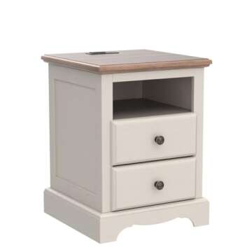 T4TREAM Nightstand with Charging Station, 18 Inch Vintage End Table with 2 Drawers, Wood Rustic Sofa Side Table with Open Storage Shelf for Bedroom, Living Room