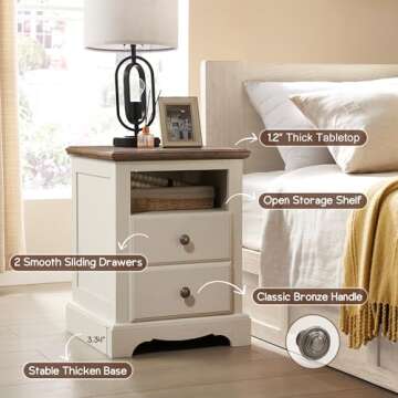 T4TREAM Nightstand with Charging Station, 18 Inch Vintage End Table with 2 Drawers, Wood Rustic Sofa Side Table with Open Storage Shelf for Bedroom, Living Room