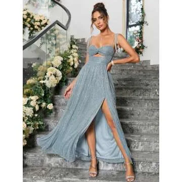 VKIHOC Women Sequin Twist Front Split Maxi Dress Sleeveless Evening Cocktail Party Dresses Bluegrey XL