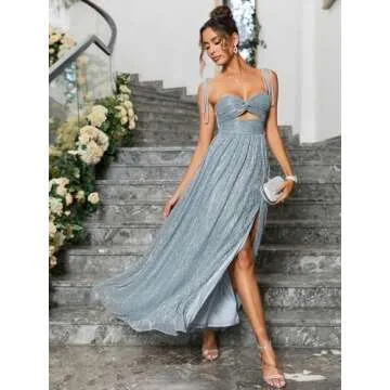 VKIHOC Women Sequin Twist Front Split Maxi Dress Sleeveless Evening Cocktail Party Dresses Bluegrey XL
