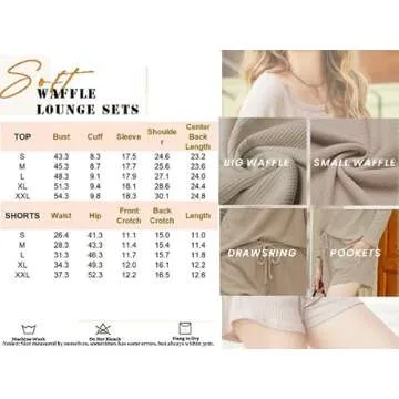 Ekouaer Womens Waffle Knit Pajama Sets Long Sleeve Top and Shorts Matching Lounge Set Sleepwear Loungewear Sweatsuit with Pockets A-Light Khaki X-Large