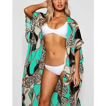Bsubseach Boho Chain Print Kimono Cardigan Women Half Sleeve Open Front Swimsuit Bikini Beach Cover Up