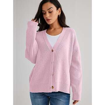 LILLUSORY Cardigan Sweaters for Women 2024 Fall Fashion Oversized Lightweight Sweater Knit Work Jackets Outfits Clothes Pink M