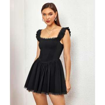 GLNEGE Women's Square Neck Mini Corset Dress Short Ruffle Sleeve A Line Cute Trendy Party Dresses
