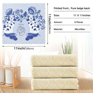 susiyo Staffordshire Dogs in Chinoiserie Style Blue and White Porcelain Kitchen Dish Cloths Reusable Soft Absorbent Quick Drying Windowpane Dish Towels Rag Set of 6, 11x11 Inches