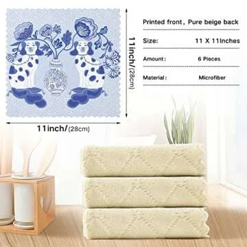 susiyo Staffordshire Dogs in Chinoiserie Style Blue and White Porcelain Kitchen Dish Cloths Reusable Soft Absorbent Quick Drying Windowpane Dish Towels Rag Set of 6, 11x11 Inches