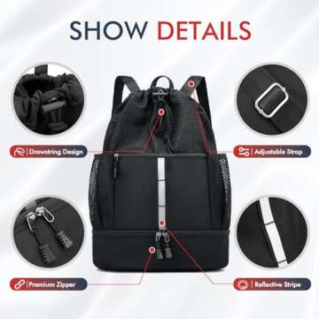 PinCute Drawstring Gym Bag for Men/Women - Mesh Beach Swim Bags Sports Backpack with Wet Pocket&Shoe Compartment, Lightweight (Black)